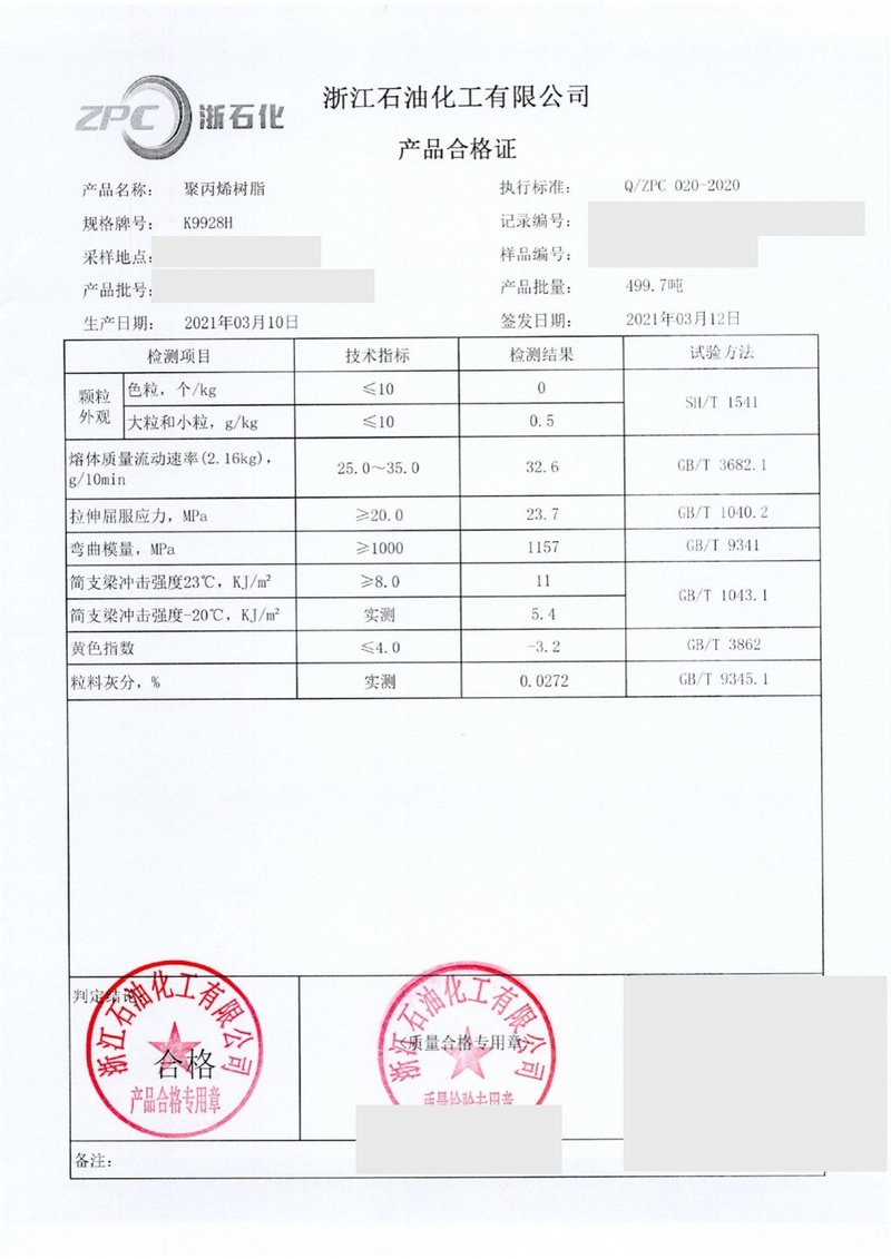 PP Resin Mill Certificate — Polypropylene (sample, details masked)