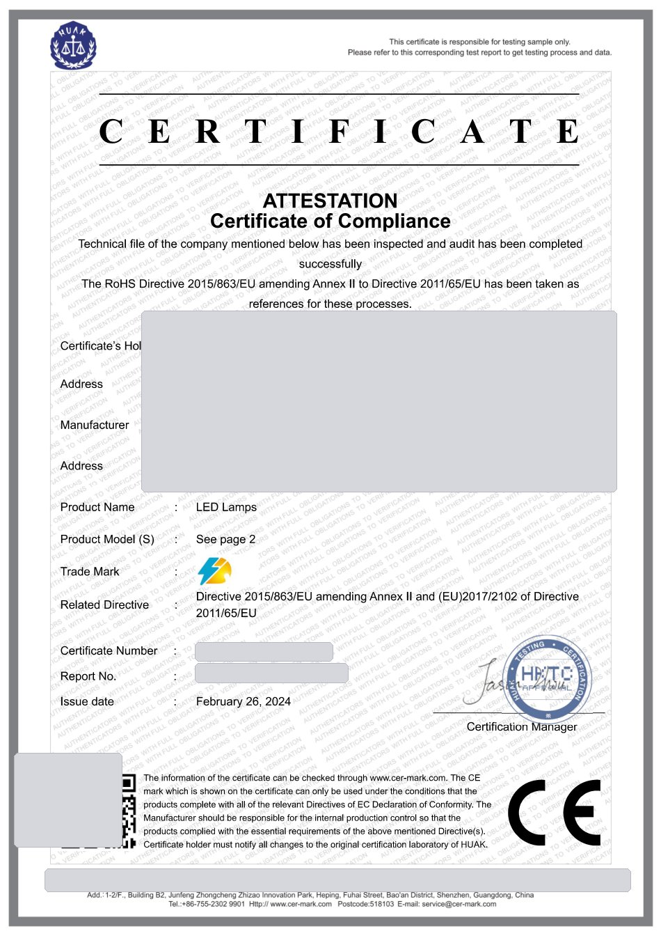 RoHS and CE certificate of compliance for LED lighting (sample, details masked)